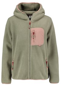 Polarowa kurtka z kapturem w oliwkowym kolorze z różowym, delikatnym zamek błyskawicznym. Posiada kontrastowy uchwyt zamka oraz akcentujące detale. Miękka faktura w całej konstrukcji.