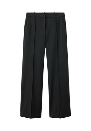 Pantalones negros de pierna ancha con trabillas para cinturón y bolsillos delanteros, con un diseño limpio, entallado y una pinza central en cada pierna.