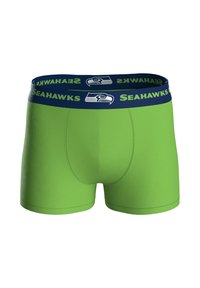 Zielone bokserki z granatowym paskiem w pasie z napisem „Seahawks” dużymi literami oraz logo. Gładka faktura, dopasowany krój.