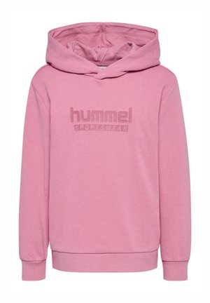 Roze hoodie van zachte stof, met een kangoeroezak en ribgebreide manchetten. "Hummel Sportswear" logo in reliëf op de voorkant.