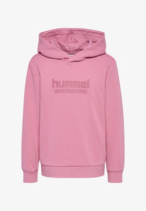 Lyserød hoodie lavet af blødt stof, med en kengurulomme og ribbede manchetter. "Hummel Sportswear" logo prægede på fronten.