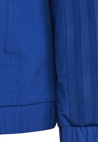 Blaue Jacke mit glattem Stoff, strukturierten gestreiften Akzenten, elastischen Manschetten und Seitentasche mit sichtbaren Nähdetails.