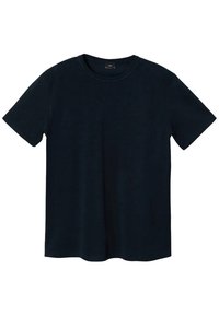 T-shirt à manches courtes bleu marine foncé en tissu doux, avec un col rond et une coupe décontractée, sans motifs ni accents visibles.