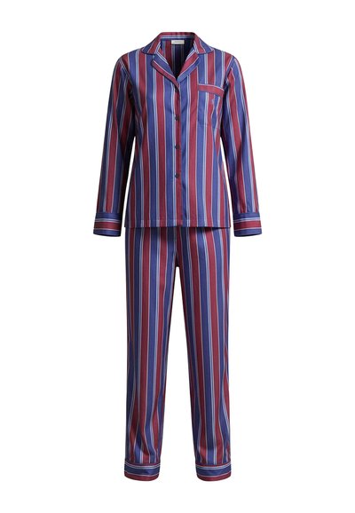 Haut de pyjama à manches longues boutonné et pantalon assorti à rayures verticales bleu, bordeaux et blanches.
