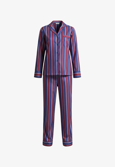 Haut de pyjama à manches longues boutonné et pantalon assorti à rayures verticales bleu, bordeaux et blanches.