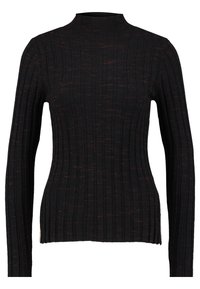 Pull col roulé noir côtelé à manches longues, présentant un tissu texturé avec de subtiles touches rougeâtres dans tout le matériau.