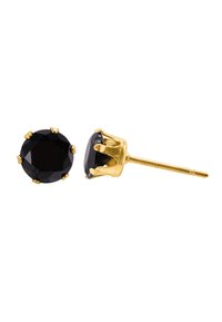 Boucles d'oreilles en or avec de grandes pierres noires rondes à la surface facettée, montées sur six griffes, mettant en valeur une finition brillante.