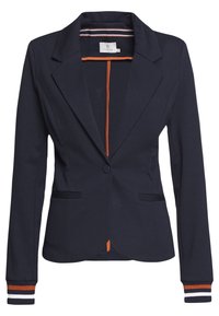 Veste blazer marine en tissu lisse, dotée d'une fermeture à un bouton, de deux poches latérales, d'un passepoil orange contrastant et de poignets rayés.