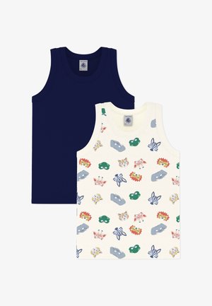 Deux débardeurs sans manches : l'un bleu marine et l'autre crème avec un motif animalier ludique, présentant des illustrations de divers animaux et formes.
