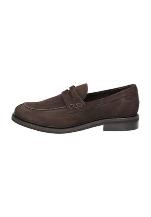 Dark brown suede men's slip-on loafer with low heel and decorative strap detail on the upper side.