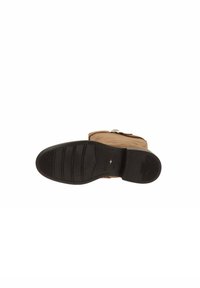 Braune Wildleder-Stiefelette mit runder Zehenform, strukturiertem Obermaterial und schwarzer Gummisohle mit Rillen für besseren Halt.