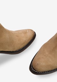 Botas de tobillo de ante beige con punta afilada, que presentan un detalle cosido a lo largo de la suela y una textura suave y lisa.