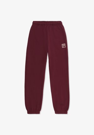 Pantaloni della tuta color bordeaux con vita e polsini elasticizzati. Presenta un piccolo logo bianco sul lato sinistro. Realizzati in un materiale morbido e leggero.