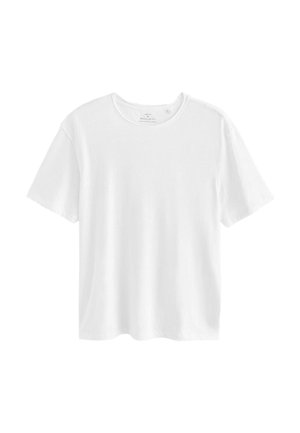 Simpel hvid T-shirt med korte ærmer og rund hals med almindelig pasform, vist på en hvid baggrund.