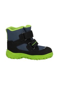 Stivaletto blu e nero con dettagli verdi, dotato di una tomaia in tessuto testurizzato, suola sintetica e due cinghie regolabili in Velcro.