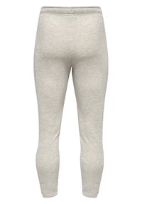 Hellgraue, eng anliegende Strickleggings mit elastischem Bund, von hinten gezeigt, knöchellang mit dezent strukturiertem Stoff.