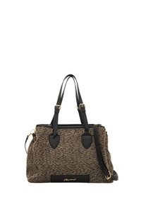 Bruine textuur stof tas met zwarte leren accenten, dubbele korte handvatten en een afneembare strap, met een gouden logo detail aan de voorkant.