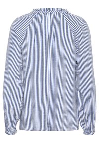 Blouse rayée bleu et blanc avec des manches longues, des poignets froncés et un détail d'empiècement dans le dos. Fabriquée en tissu léger avec une finition texturée.