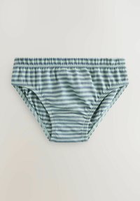 Páskové bikini nohavičky v svetlo modrej a zelenej farbe. Vyrobené z mäkkého materiálu s elastickým pásom a bočnými zbermi pre lepšie prispôsobenie.