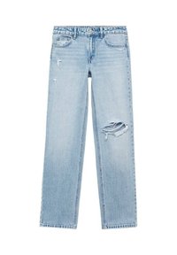 Ljust blå raka jeans i denim med slitna detaljer och revor framtill. Klassisk femficksdesign.