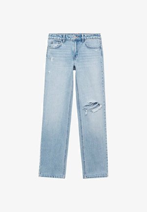 Svetlomodré džíny rovného strihu vyrobené z denimu, s opotrebovaním a roztrhnutiami na prednej strane. Klasický dizajn s piatimi vreckami.