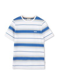 Pruhované tričko v modré, bílé a béžové barvě, s kulatým výstřihem a krátkými rukávy. Na hrudi je umístěno malé logo "BOSS". Materiál: bavlna.