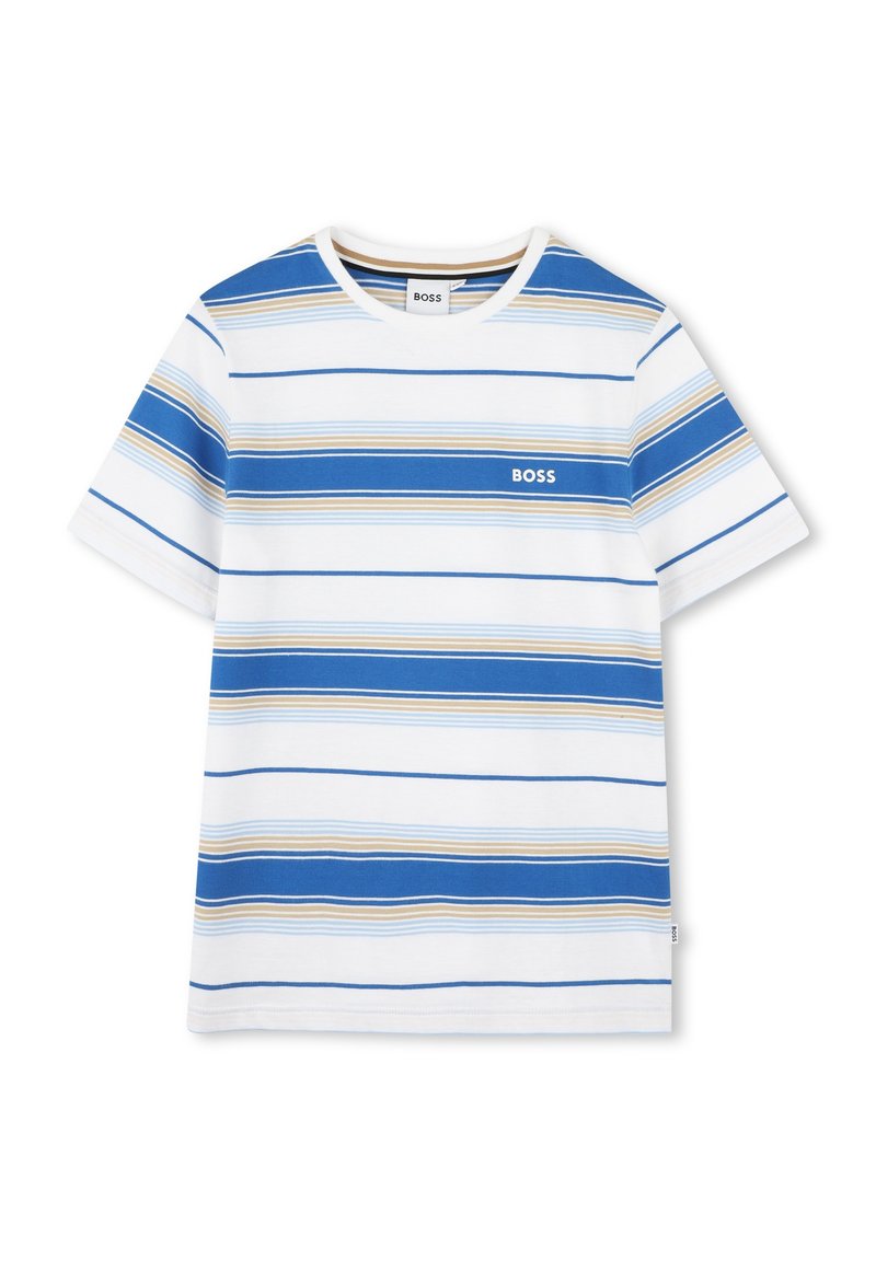 Pruhované tričko v modré, bílé a béžové barvě, s kulatým výstřihem a krátkými rukávy. Na hrudi je umístěno malé logo "BOSS". Materiál: bavlna.