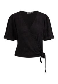 Czarna bluzka z krótkimi bufiastymi rękawami, teksturowanym materiałem, głębokim dekoltem w kształcie V oraz z detalem w postaci wiązania z boku dla regulacji dopasowania.