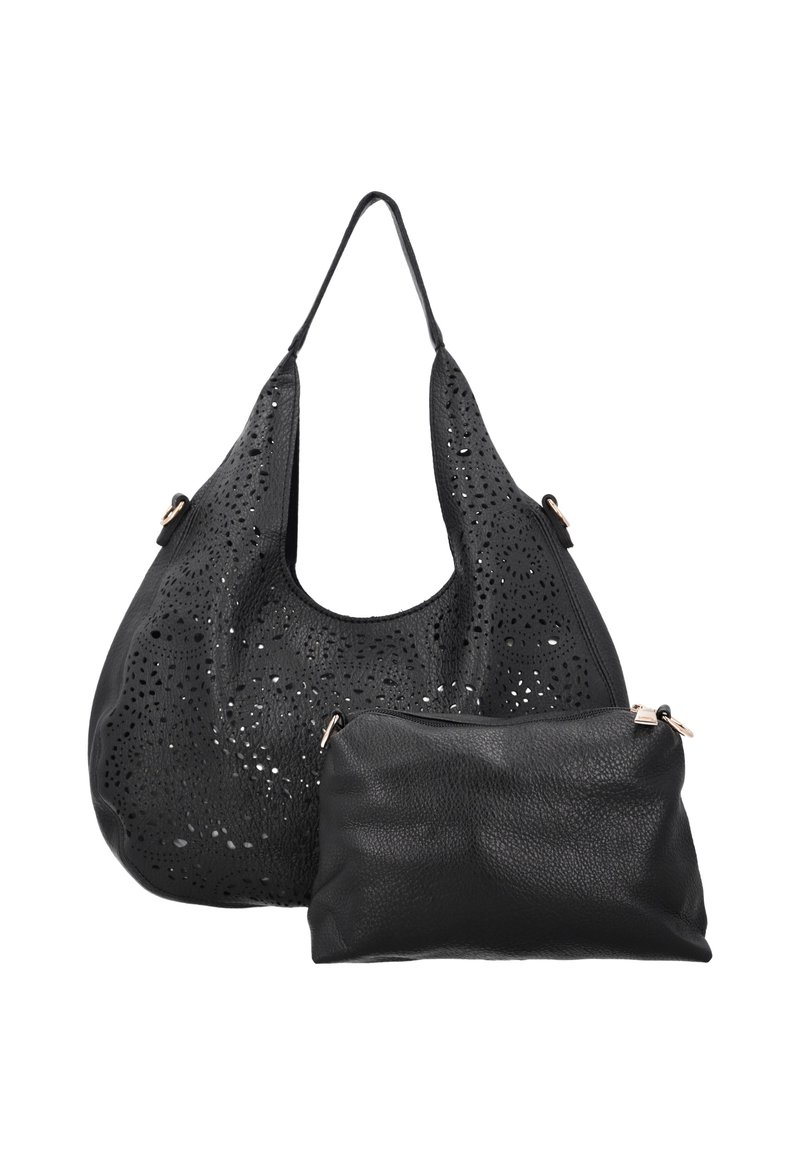 Sac à bandoulière en cuir noir avec motifs floraux perforés et petite pochette zippée assortie à l'avant sur fond blanc.