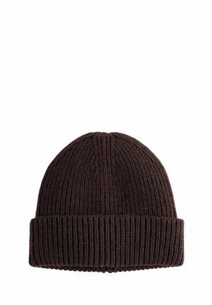 Knitted brown beanie with a folded ribbed cuff, featuring a textured pattern and a rounded top. Suitable for cold weather wear.