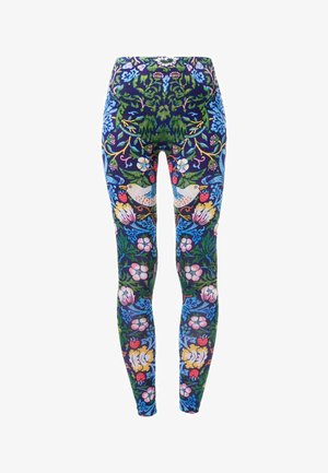 Värvilised retuusid lillemustriga, mis sisaldavad siniseid, roosa, rohelisi ja valge toone, valmistatud venivast kangast mugavuse ja sobivuse tagamiseks.