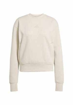 Cream-colored sweatshirt, crew neckline, long sleeves, fitted hem. Features embossed triangular logo on chest, soft fabric texture.