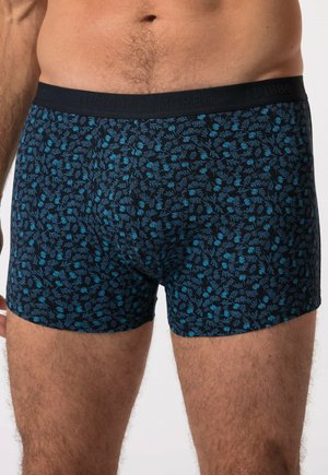 Men's boxer shorts in navy with a floral pattern in shades of blue. Fabric is soft with an elasticated waistband featuring branding.