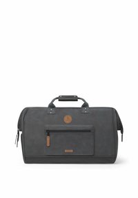 Sac de voyage gris avec une finition lisse et mate. Il dispose d'une poche zippée à l'avant, d'accents en cuir et de poignées robustes pour un transport facile.