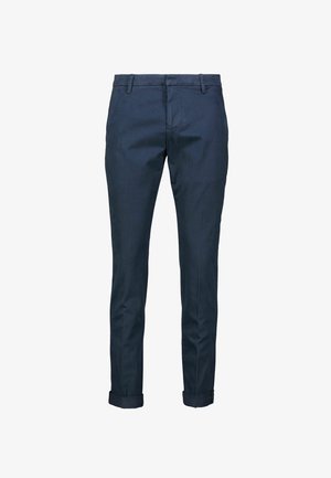 Pantaloni di cotone blu navy con un design slim-fit. Presentano una parte anteriore liscia, passanti per la cintura e orli arrotolati per un aspetto curato.