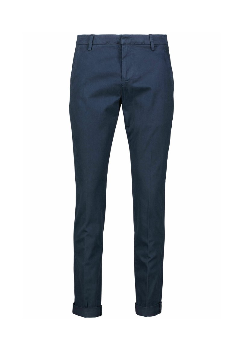 Pantalon en coton bleu marine à coupe ajustée. Présente un devant plat, des passants de ceinture et des ourlets roulés pour un look soigné.
