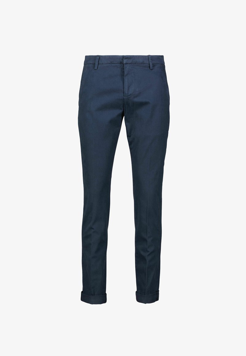 Pantaloni di cotone blu navy con un design slim-fit. Presentano una parte anteriore liscia, passanti per la cintura e orli arrotolati per un aspetto curato.