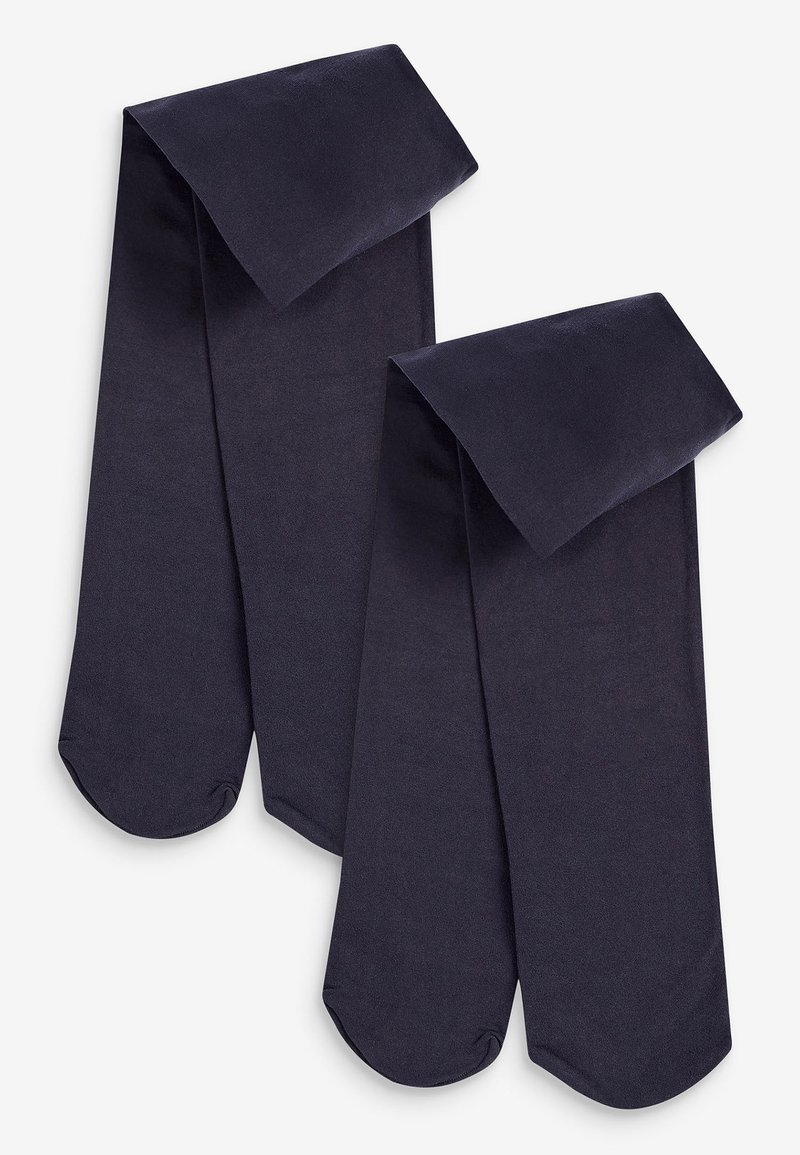 Marineblaue Strumpfhosen mit glatter Textur, ausgestattet mit einem breiten Bund oben und abgerundeten Zehen, entworfen für Komfort und Vielseitigkeit.