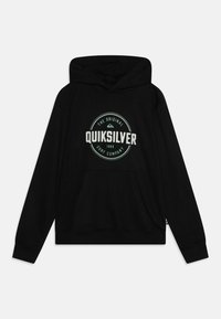Black hoodie made of soft fabric, featuring a round graphic logo in green and white. Includes a front pocket and ribbed cuffs and hem.