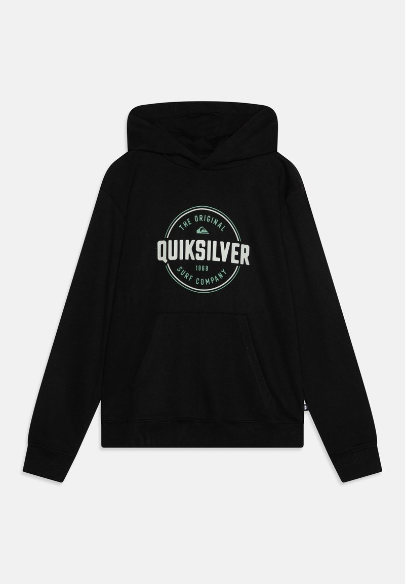 Black hoodie made of soft fabric, featuring a round graphic logo in green and white. Includes a front pocket and ribbed cuffs and hem.