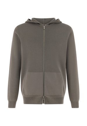 Grüner Kapuzenpulli mit Reißverschluss und strukturierter Oberfläche, mit Kängurutasche und gerippten Bündchen. Einfaches Design mit lockerem Schnitt und Kapuze.