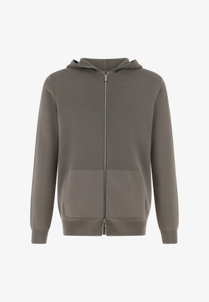 Zelená mikina na zip s texturovaným povrchem, s klokaní kapsou a žebrovanými manžetami. Jednoduchý design s volným střihem a kapucí.