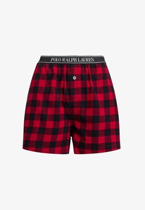 Boxer de algodón a cuadros rojos y negros con bragueta de botones y cintura negra con la marca "Polo Ralph Lauren" en texto blanco.