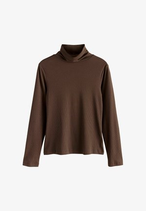 Rjav dolg rokav turtleneck top, narejen iz rebraste tkanine; ima visok, zložen ovratnik in sproščen kroj s ravnim robom.