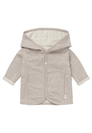 Veste bébé gris clair avec capuche, manches longues, boutons-pression à l'avant et doublure intérieure douce visible aux poignets et à la capuche.