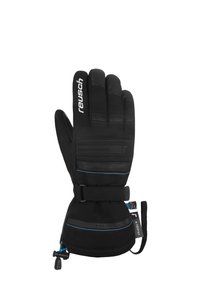 Schwarze isolierte Handschuhe mit einer Softshell-Außenseite, ausgestattet mit gepolsterten Bereichen, einem blauen Akzentband und einem Handgelenkriemen für einen sicheren Sitz.