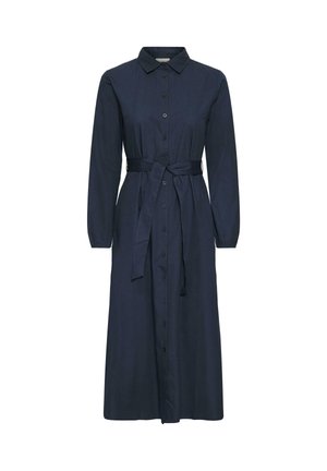 Abito navy con bottoni, colletto, maniche lunghe, una cintura annodata in vita e una silhouette dritta. Realizzato in tessuto morbido.