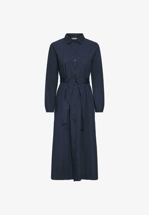 Robe bleu marine à boutons, avec un col, des manches longues, une ceinture nouée à la taille et une silhouette droite. Fabriquée en tissu doux.