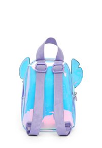 Sac à dos transparent bleu et violet avec une finition brillante, des bretelles violettes et des accents d'oreilles fantaisistes de chaque côté.