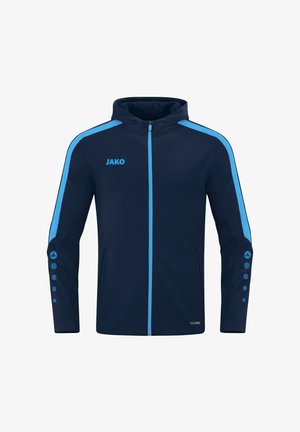 Giacca con cappuccio navy con accenti azzurri. Presenta una zip completa, tasche laterali e dettagli in bottone sulle maniche. Realizzata in tessuto liscio.